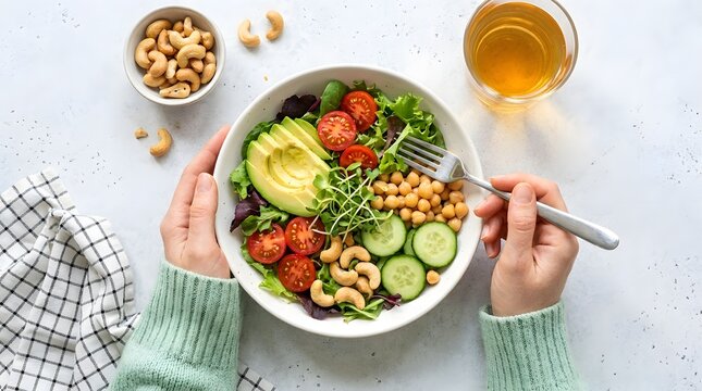Person enjoying a vibrant, healthy vegan salad bowl with fresh greens, avocado, tomatoes, chickpeas, cucumber, and cashews, served on a light table.