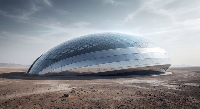 Large modern geodesic dome habitat built on barren extraterrestrial desert ground under a dramatic overcast sky in a futuristic colonization concept