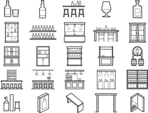 Collection of bar and liquor cabinet icons, illustrating various types of furniture and displays for storing and serving beverages.