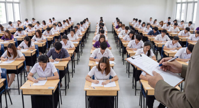 Male teacher in formal suit handing out test papers to attentive Asian students seated at wooden desks in rows during an academic examination session