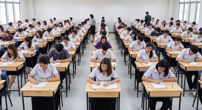 Large group of focused Asian high school students sitting at individual wooden desks in neat rows taking a serious national examination in a bright school hall