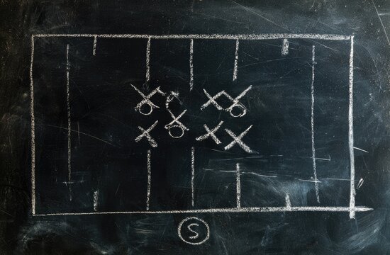 Chalk schematic of a football play drawn on a blackboard