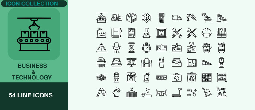 Fifty four industrial and business line icons for supply chain and logistics management