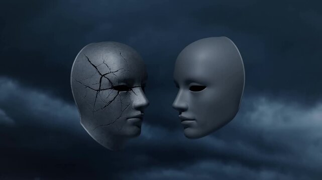 Two Floating Masks Facing Each Other Against Dark Storm Clouds in Symbolic Portrait