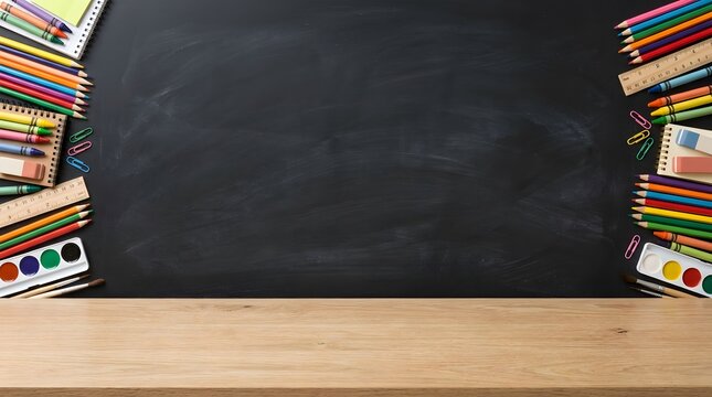 school stationery arranged around a blank dark chalkboard with wooden desk for education design