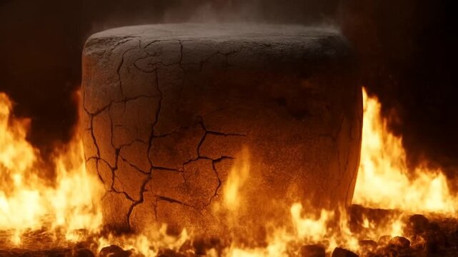 Stone Block Surrounded by Flames in Dark Fire Pit with Visible Heat Haze