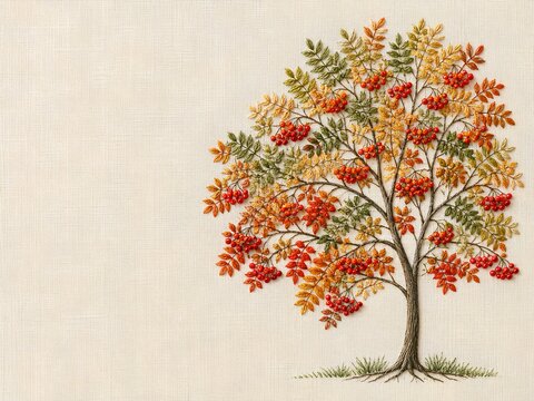 Embroidered Autumn Background &ndash; Rowan Tree. Colorful embroidered rowan tree with green, yellow and orange leaves and bright red berry clusters on natural linen, creating an elegant autumn background