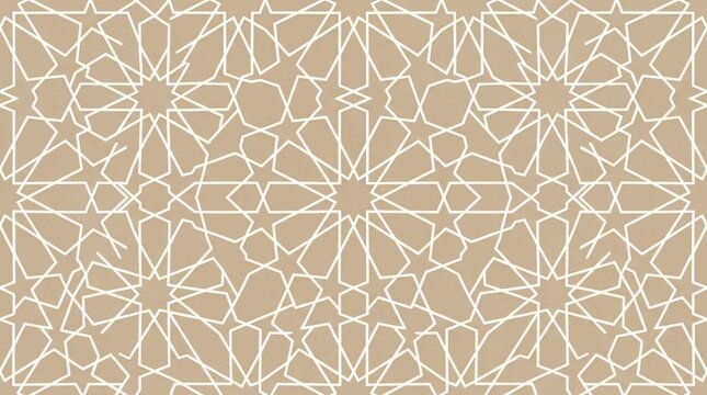 A seamless Islamic geometric pattern in white on a beige background, featuring intricate star shapes and tessellations.
