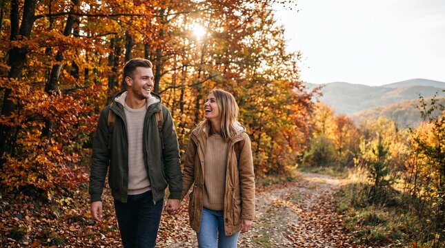 A joyful young couple shares a romantic hand-in-hand walk through a vibrant autumn forest, bathed in golden sunlight, celebrating their love and the beauty of the fall season