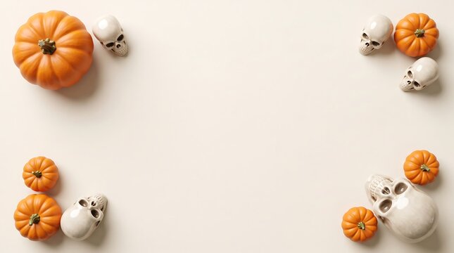 Halloween background with small orange pumpkins and white skulls arranged as a border on a light beige surface