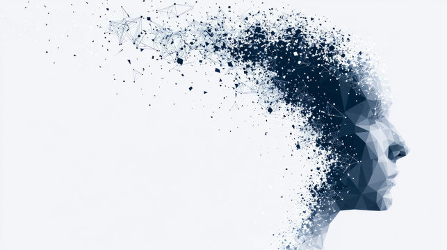 Conceptual illustration of the human thought process featuring a fragmented head silhouette surrounded by dynamic particles