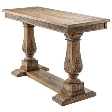 Rustic carved wooden console table with a long plank top, decorative trestle legs, and a crossbar, isolated on a white background.