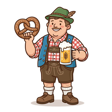 Smiling man in traditional bavarian clothing holding giant pretzel and beer mug with lederhosen outfit oktoberfest festival german culture smiling character frothy beer green hat feather accesso