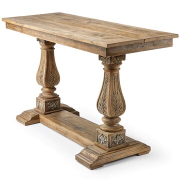 Rustic carved wooden console table with a long plank top, ornate pedestal legs, and trestle base, isolated on a white background.