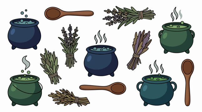 Witchcraft Potion Cauldrons and Herbs Illustration
