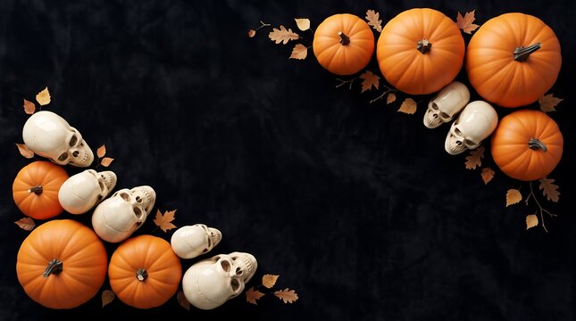 Halloween background with orange pumpkins and white skulls arranged in corners on a dark black textured surface