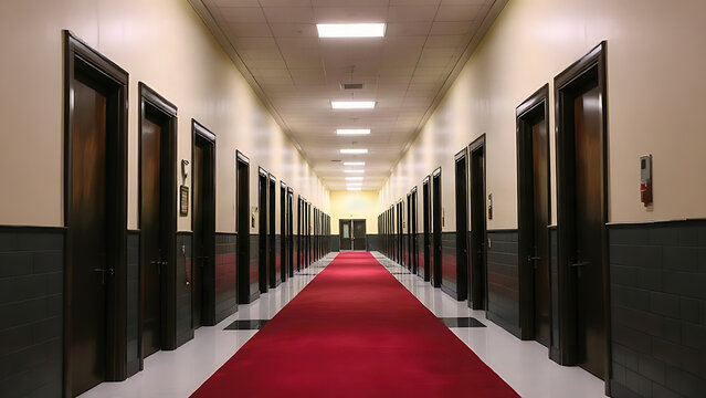 A long corridor with dark wooden doors and a red carpet runner, symmetrical perspective.