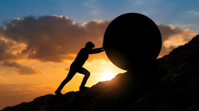 person pushing giant ball uphill at sunset symbolizing perseverance and determination
