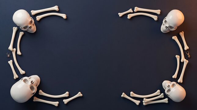 A top down view of human skulls and scattered bones arranged in a frame on a dark background