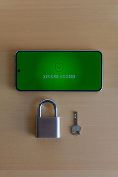Vertical smartphone security concept with secure access screen and padlock