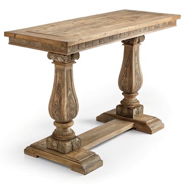 Rustic carved wooden console table with a weathered rectangular top, ornate pedestal legs, and a trestle base, isolated on a white background.