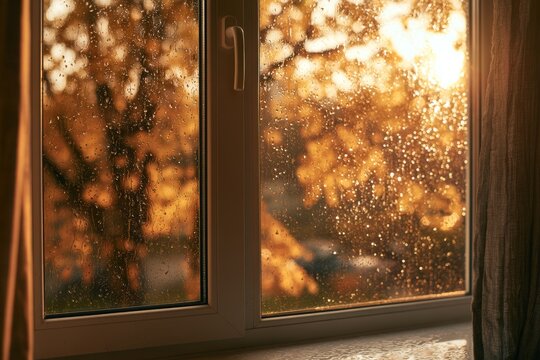 Golden drops of rain dance on the window as the warm sunlight glows through autumn leaves