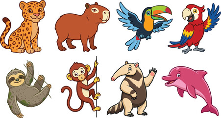 Naklejka premium Cute Amazon Rainforest Animals Vector Set with Jaguar Capybara Toucan Macaw Sloth Monkey Anteater and Pink River Dolphin Wildlife Cliparts