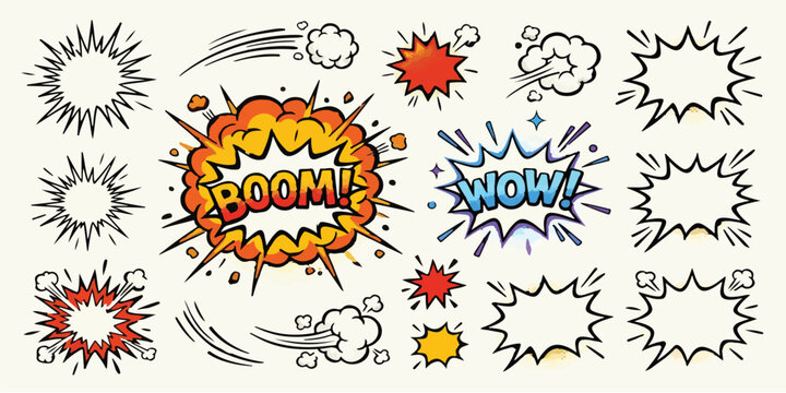 Comic book style action explosion and speech bubble graphic collection on light background with outline vector boom text wow text pop art retro style explosion collection illustration isolated