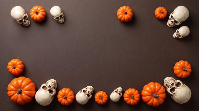 Top view of halloween border featuring orange pumpkins and human skulls arranged on a dark black background surface