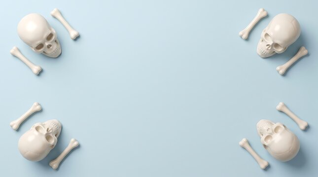 Four human skulls and various bones arranged in the corners of a light blue background for halloween concepts
