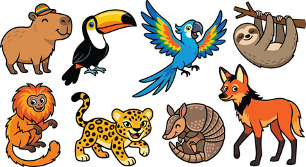Naklejka premium Cute South American Rainforest Animals Vector Set with Capybara Toucan Macaw Sloth Tamarin Jaguar Armadillo and Maned Wolf Cliparts