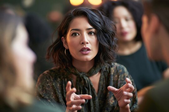 Expressive woman talking and gesturing with hands during lively group meeting in restaurant
