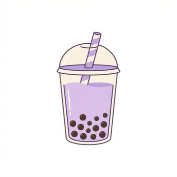 A clear cup filled with purple bubble tea featuring tapioca pearls and a striped straw. Ideal for beverage-related content.