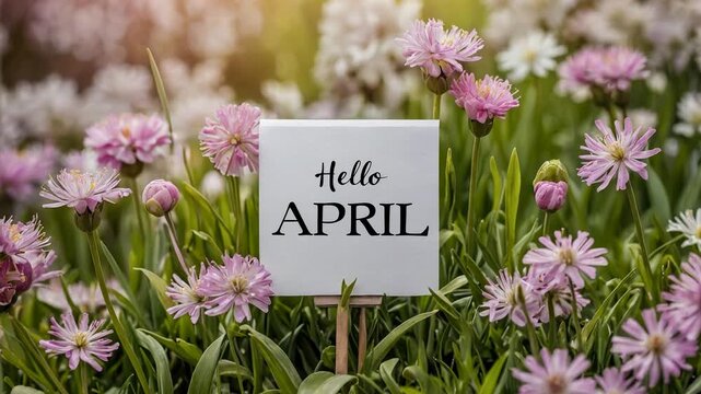 Poster card spring text lettering Hello April on romantic bloom blossom tree flowers AI Generative