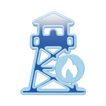 3D blue icon of a fire lookout tower with a flame symbol for climate monitoring and forest fire prevention safety systems isolated on a transparent background
