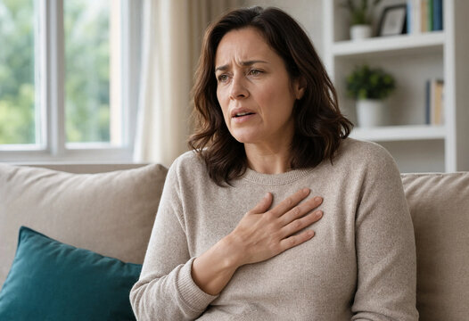 Middle-aged woman sits on a living room sofa with one hand on her chest, appearing to experience discomfort while looking away. Home interior with window and shelving behind her.