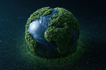 Fototapeta premium Glowing digital globe with green continents and circuit connections