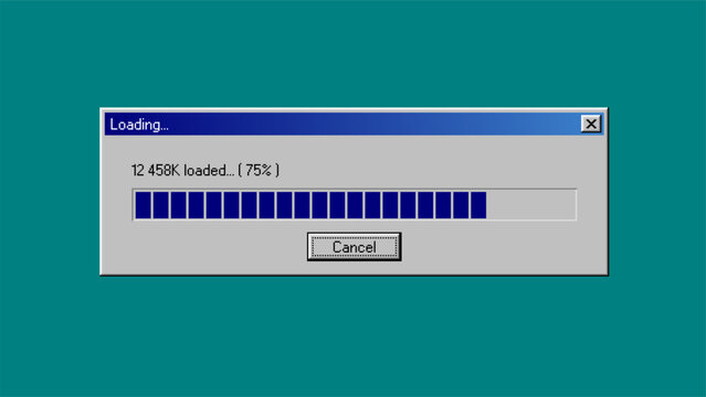 Retro computer loading dialog with progress bar and cancel button. Vintage operating system interface displaying software installation or file download status. Nostalgic digital technology concept.