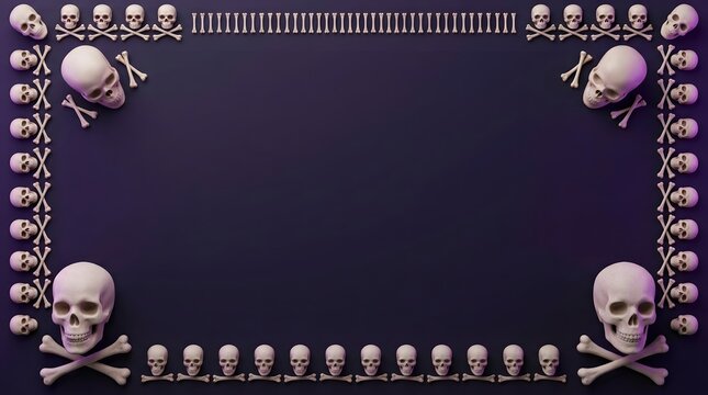 Dark purple background featuring a decorative frame made of human skulls and crossbones for gothic themed designs
