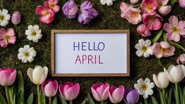Poster card spring text lettering Hello April on romantic bloom blossom tree flowers AI Generative