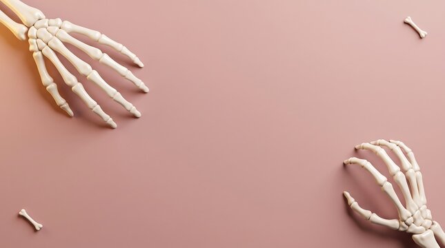 Two decorative skeleton hands placed on a dusty pink background with small bone pieces for halloween holiday decor