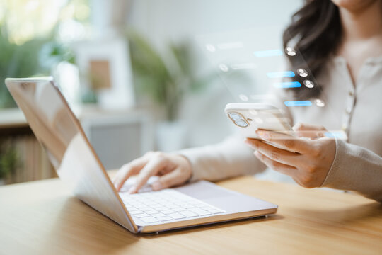 A person joins an AI chatbot conversation where a virtual assistant combines automation with message and digital technology, joining artificial intelligence, chat and text in a chatbot system.