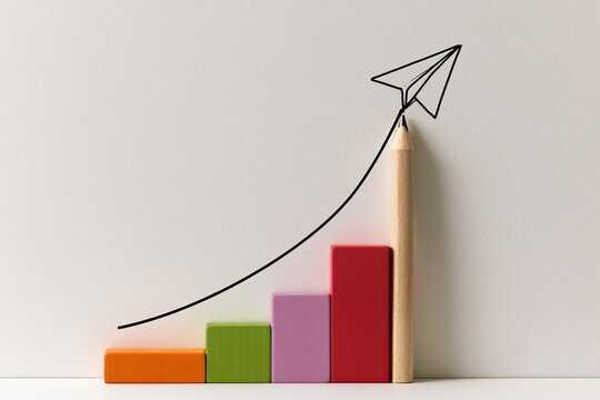 Colored blocks show upward trend, with pencil propelling paper plane