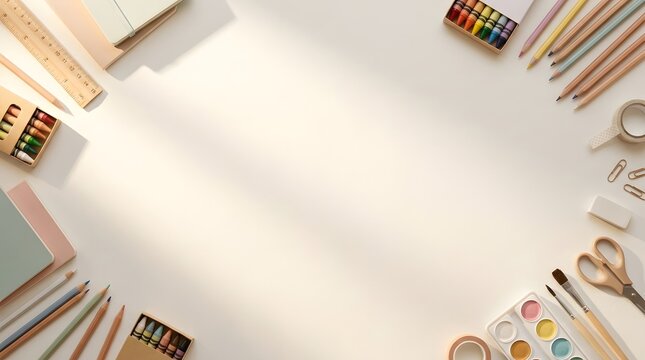 Colorful school supplies arranged around a blank white paper workspace with soft natural sunlight and creative composition