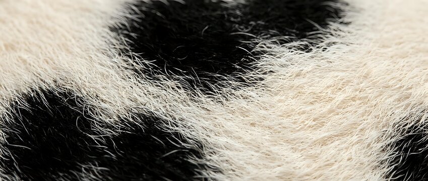 Close-up of black and white cow hide texture with natural fur
