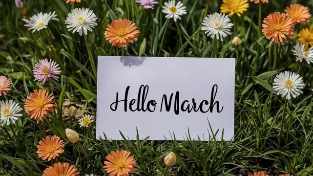 Poster card spring text lettering Hello March on romantic bloom blossom tree flowers AI Generative