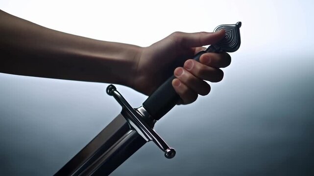 Hand Holding Ornate Sword Hilt Against Dark Gradient Background in CloseUp
