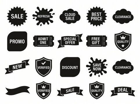Black Sale Badge Vector Set with Retail Tags, Promo Ribbons, Splat Labels, Cloud Sale Stickers, Tickets and Shield Seals Isolated on White Background