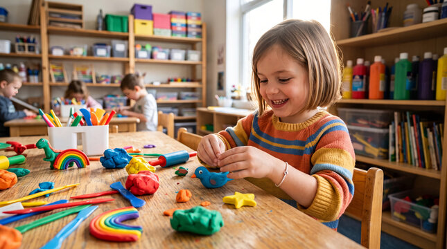 Young girl happily creating with colorful modeling clay in a classroom setting