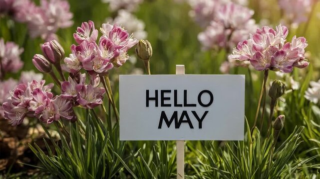 Poster card spring text lettering Hello May on romantic bloom blossom tree flowers AI Generative